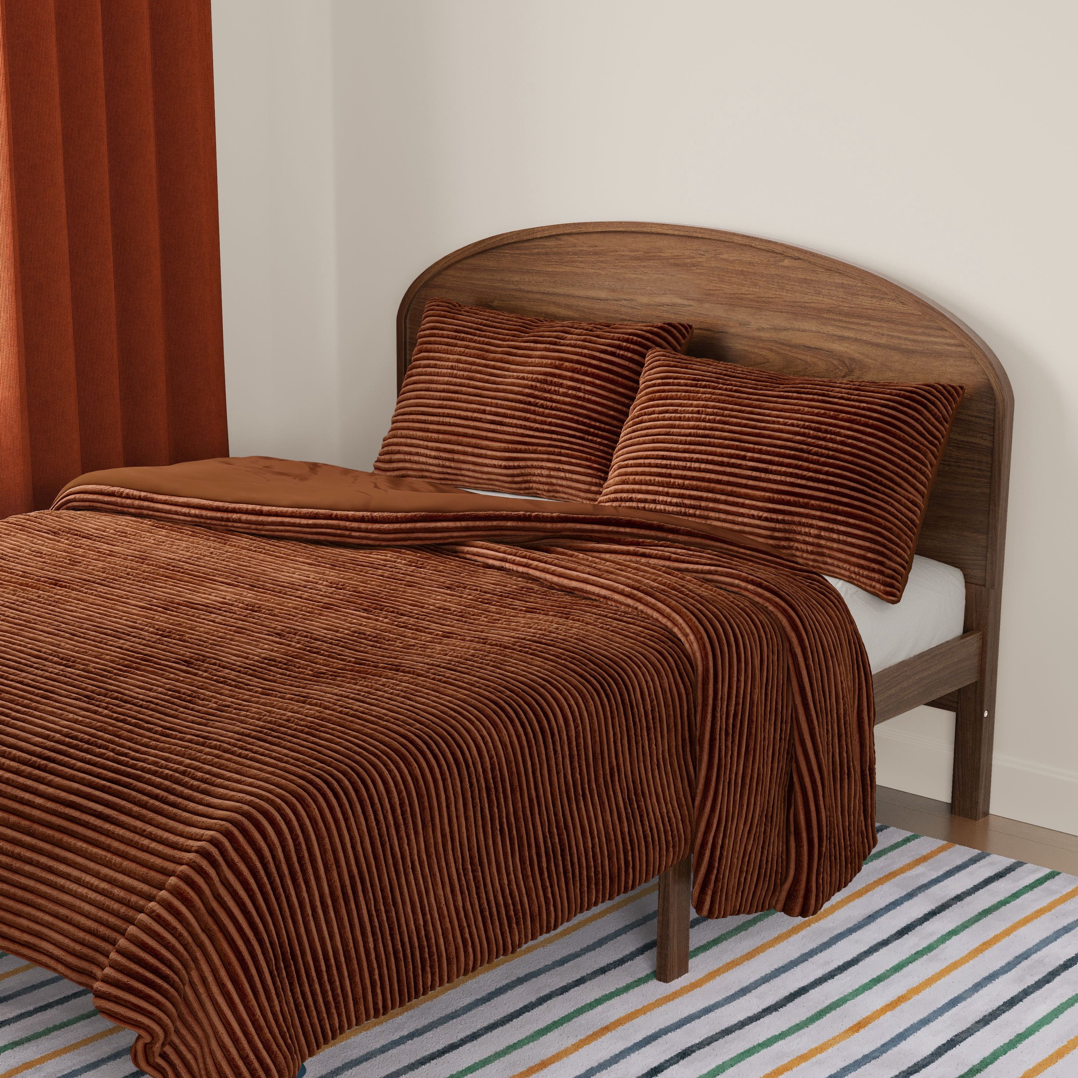 Mainstays Kids Orange Solid Plush Ribbed Corduroy Comforter Set, Full/Queen, 3 Pieces