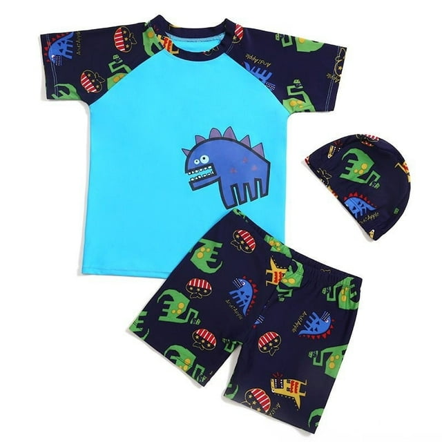Fashion Boys Three Piece Bathing Suit Summer Cartoon Print Swimsuit with Swimming Cap