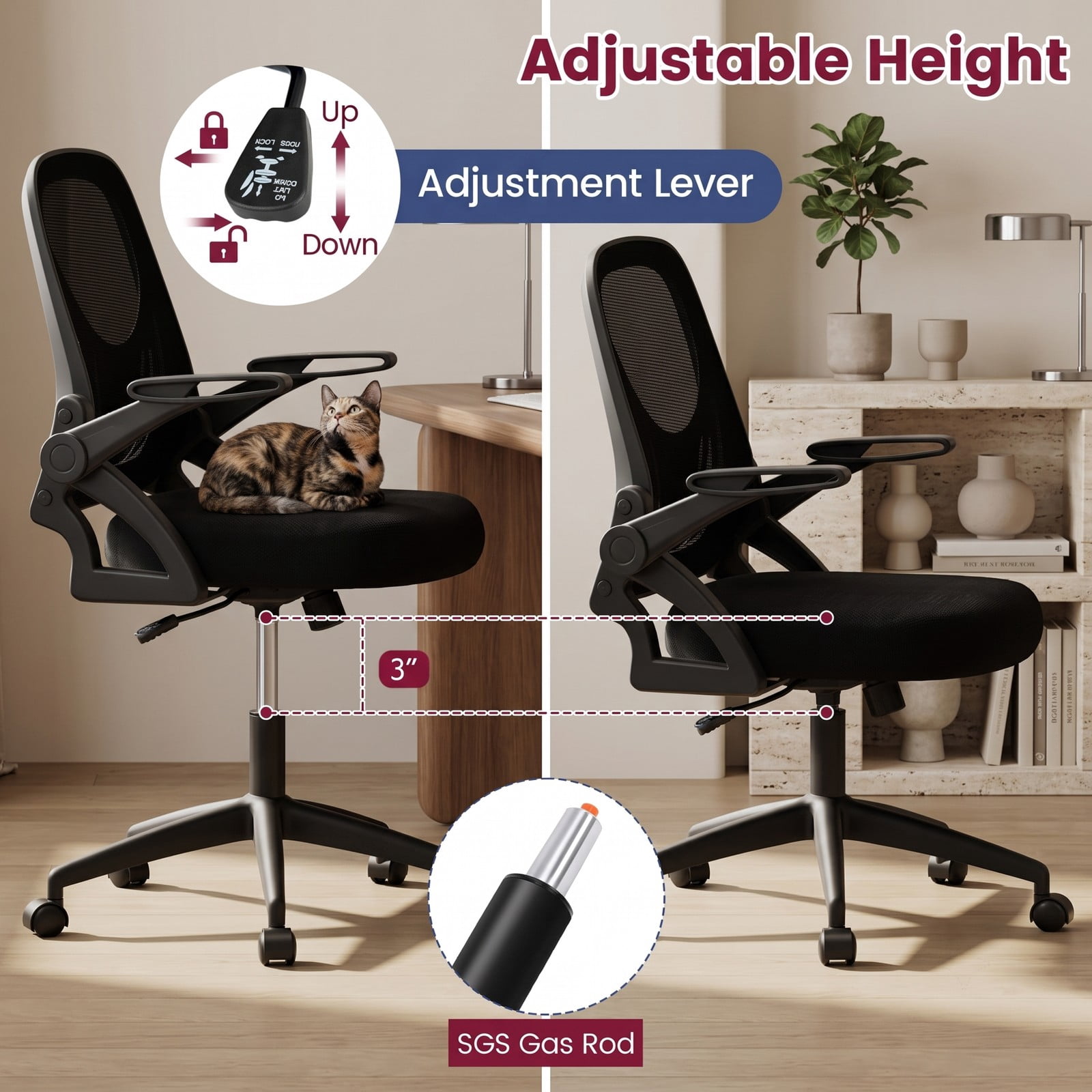 Furnibear Ergonomic Computer Desk Chair, Mesh Home Office Task Chair with Lumbar Support, 90 Degree Flip-up Armrests, Height Adjustable Swivel Rocking Chair, Black