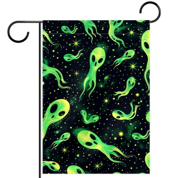 Green Alien Space Pattern Double Sided Garden Flag Decorative Weather Resistant Yard Flag, Large DIY Vertical Flag for Farmhouse Patio Lawn, 28x40 Inch
