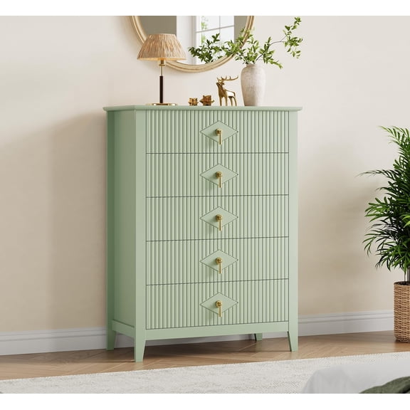 5 Drawer Dresser 32 In Wide with Gold-Tone Handles Fluted Design for Bedroom Living Room