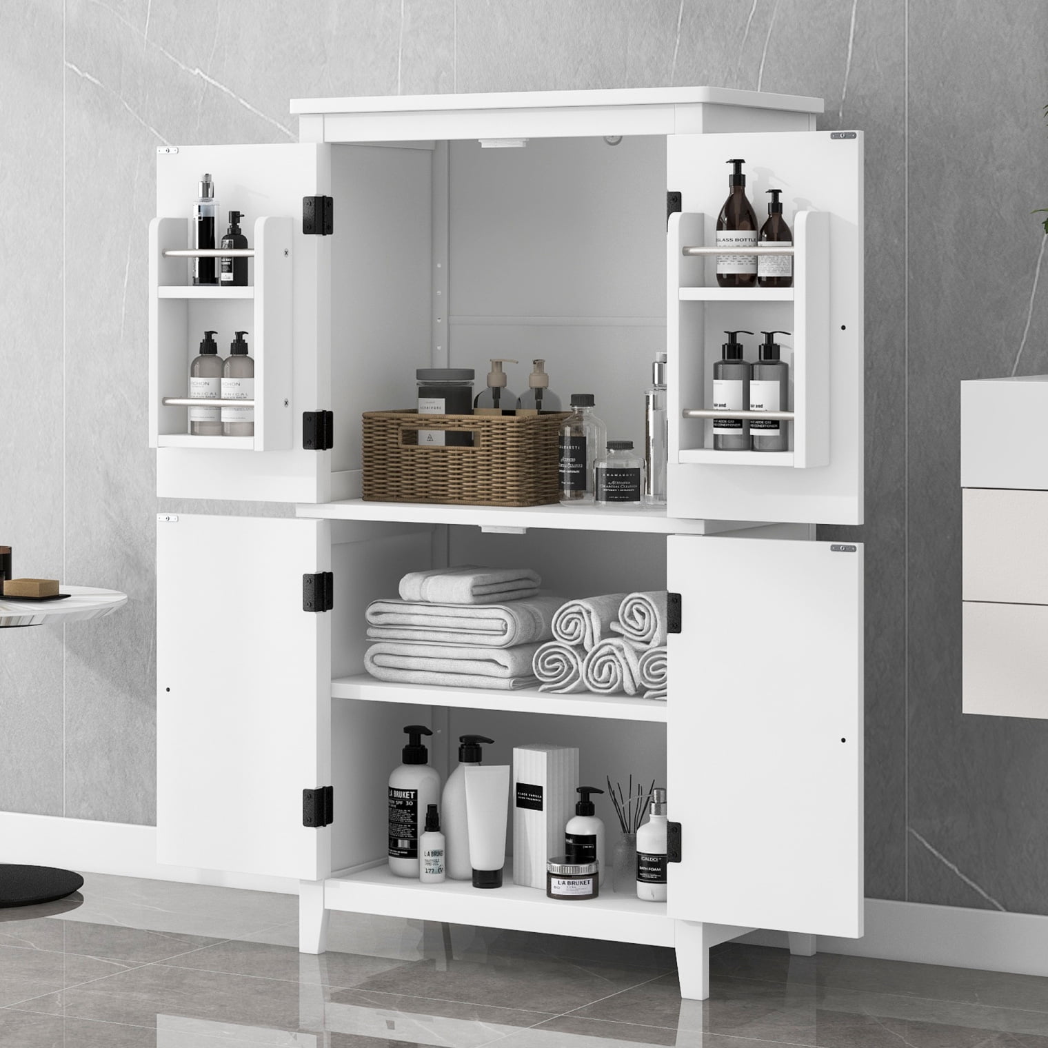 Bathroom Floor Cabinet with Door Storage and Anti-Tipping Device, Wooden Storage Cabinet with Adjustable Shelves and 4 Sturdy Legs, Freestanding Cupboard for Kitchen, Living Room, Entryway, White