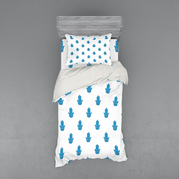 Ambesonne Hamsa Bedding Set 3 Pcs, Cartoon Hand Eye, Twin, Dark Blue and Blue