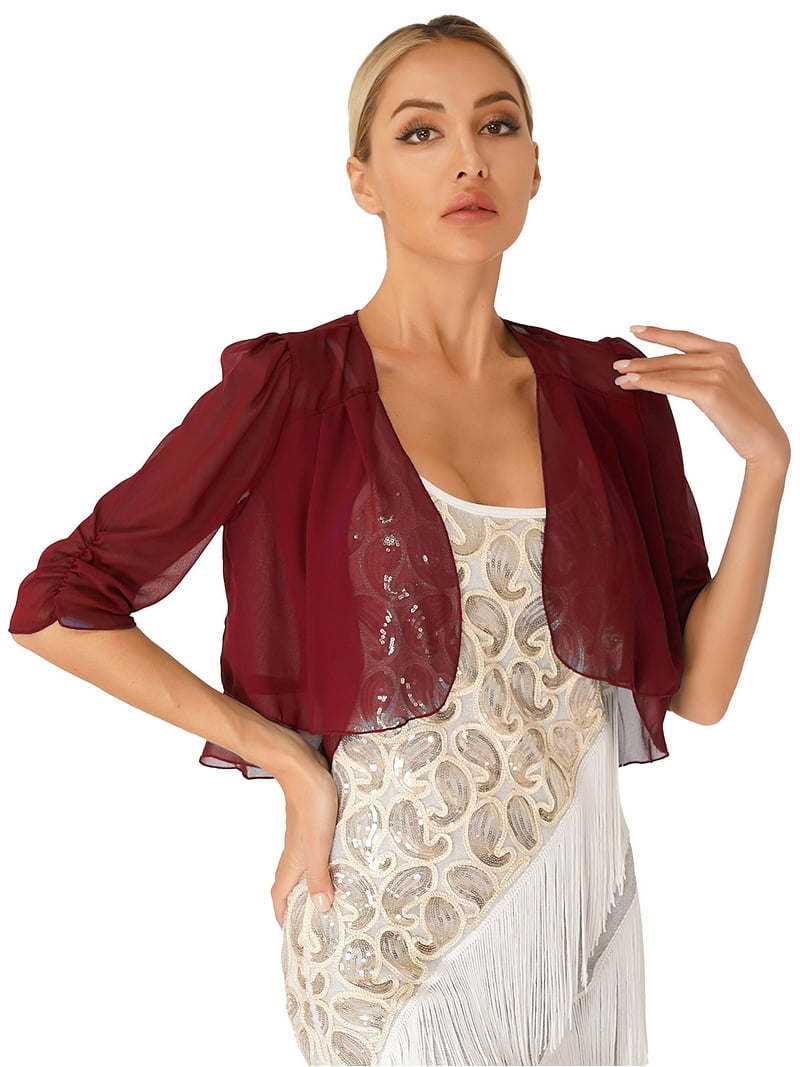 Zaldita Womens Chiffon Bolero Shrug Half Sleeve Open Front Cropped Cardigan  Coat for Evening Dress Burgundy XL - Walmart.com