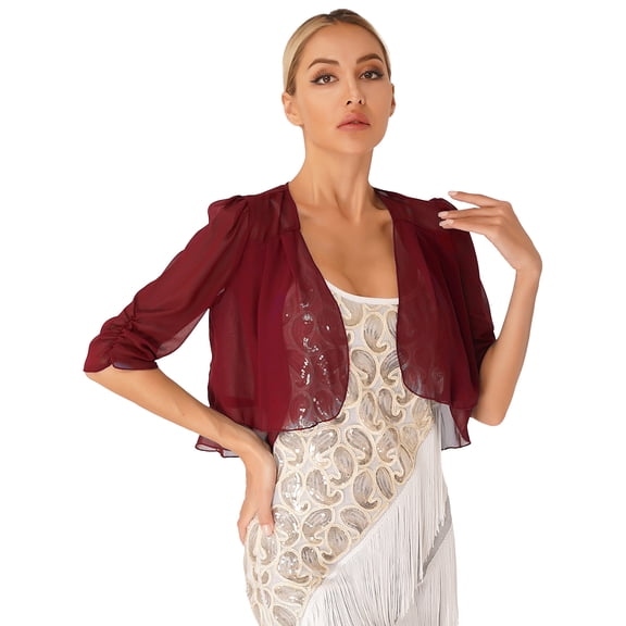 Doomiva Women's Half Sleeve Cardigan Chiffon Cropped Open Front Bolero Shrug for Dresses Burgundy 4XL