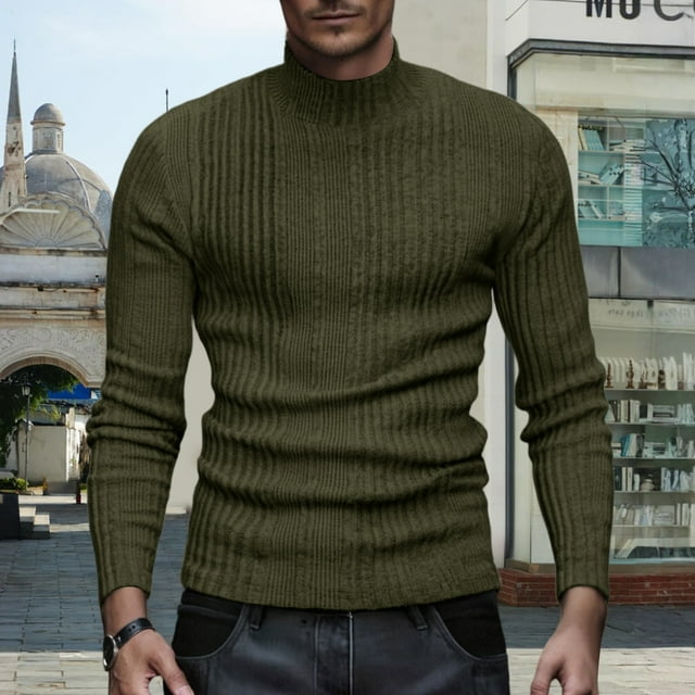 TrdSipl Chemises à Col Roulé pour Hommes Manches Longues Décontractées chandail-Over Chandails Chauds Col Montant Tricot T-Shirt 2025 Hiver Coupe Ajustée Basique Haut Vert Armée m