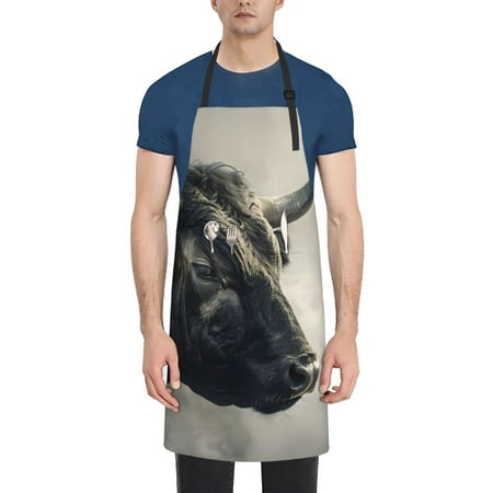 

Lukts Mystical Bull in Fog Pattern Kitchen Cooking Aprons Adjustable Bib Soft Chef Apron with 2 Pockets for Men Women