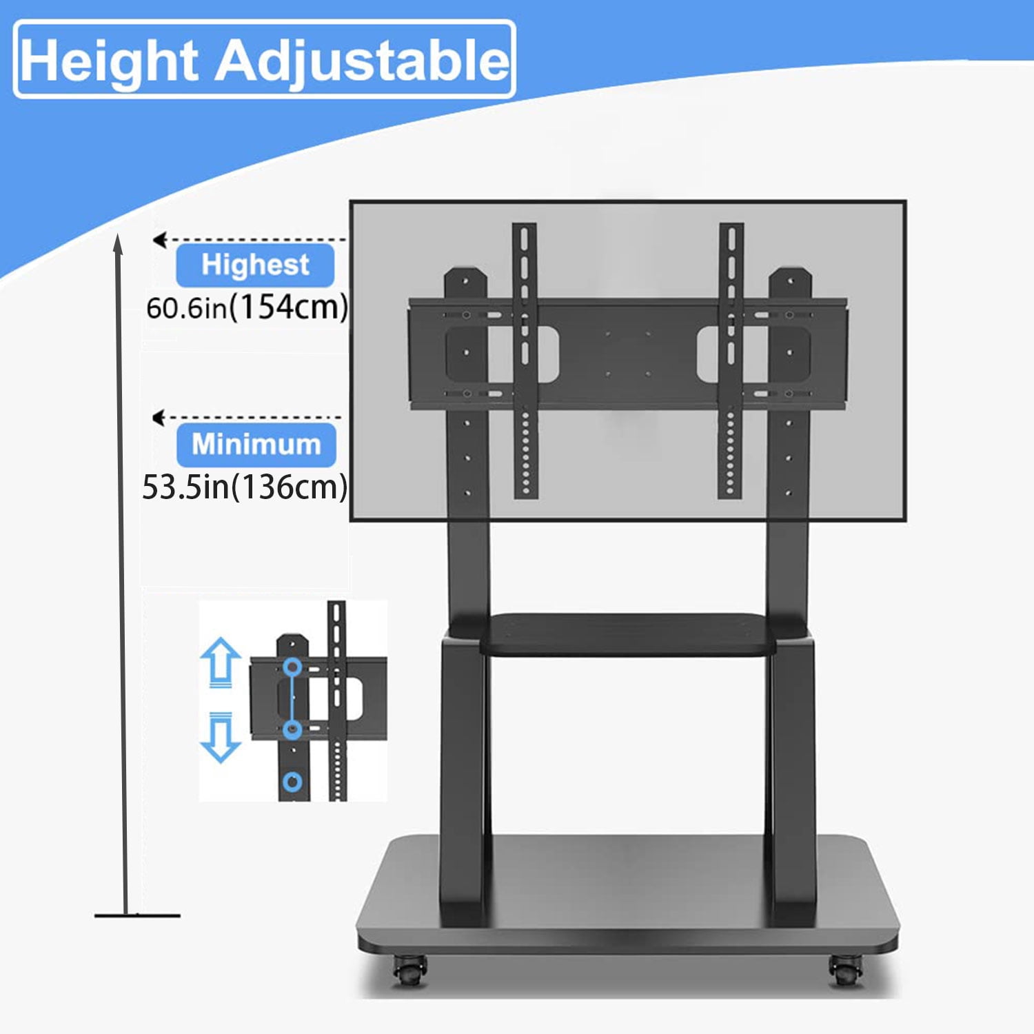 Hellsehen Rolling TV Stand with Wheels Height Adjustable for 32-75 inch TVs Holds up to 220 lbs with Shelf Black
