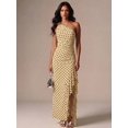 thumbnail image 6 of Womens Yellow Polka Dot One Shoulder Long Dress, Ruffle Hem Slit, 6 of 10