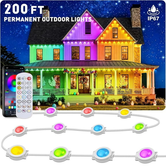 Smart Permanent Outdoor Lights 200FT, Waterproof LED Eaves Lights, RGB APP Control Outdoor Strip Lights with 100 LEDs, Color-Changing House Roof Outdoor Lighting for Patio Garden Christmas Lighting
