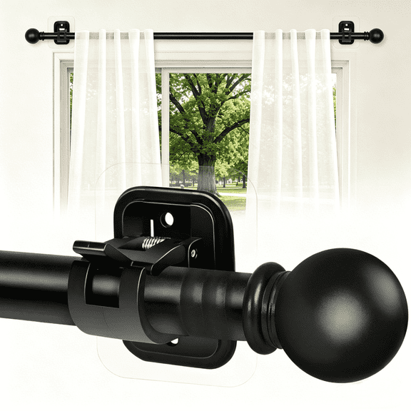 Curtain Rods No Drilling for Windows Set 32 to 48 Inch,5/8 Inch Diameter Drapey Pole with No Drill Curtain Rod Brackets,Renter Friendly Cortineros Para Ventanas with Adhesive Holder Hook (Black)
