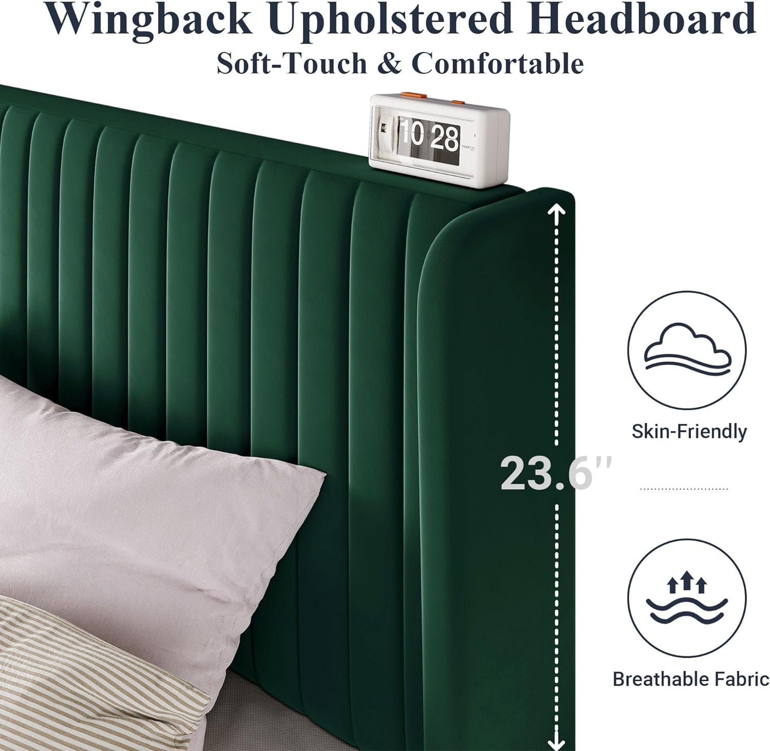 Allewie King Size Bed Frame/Velvet Upholstered Platform Bed/Vertical Channel Tufted Wingback Headboard/Strong Wooden Slats/No Box Spring Needed/Easy Assembly/Green
