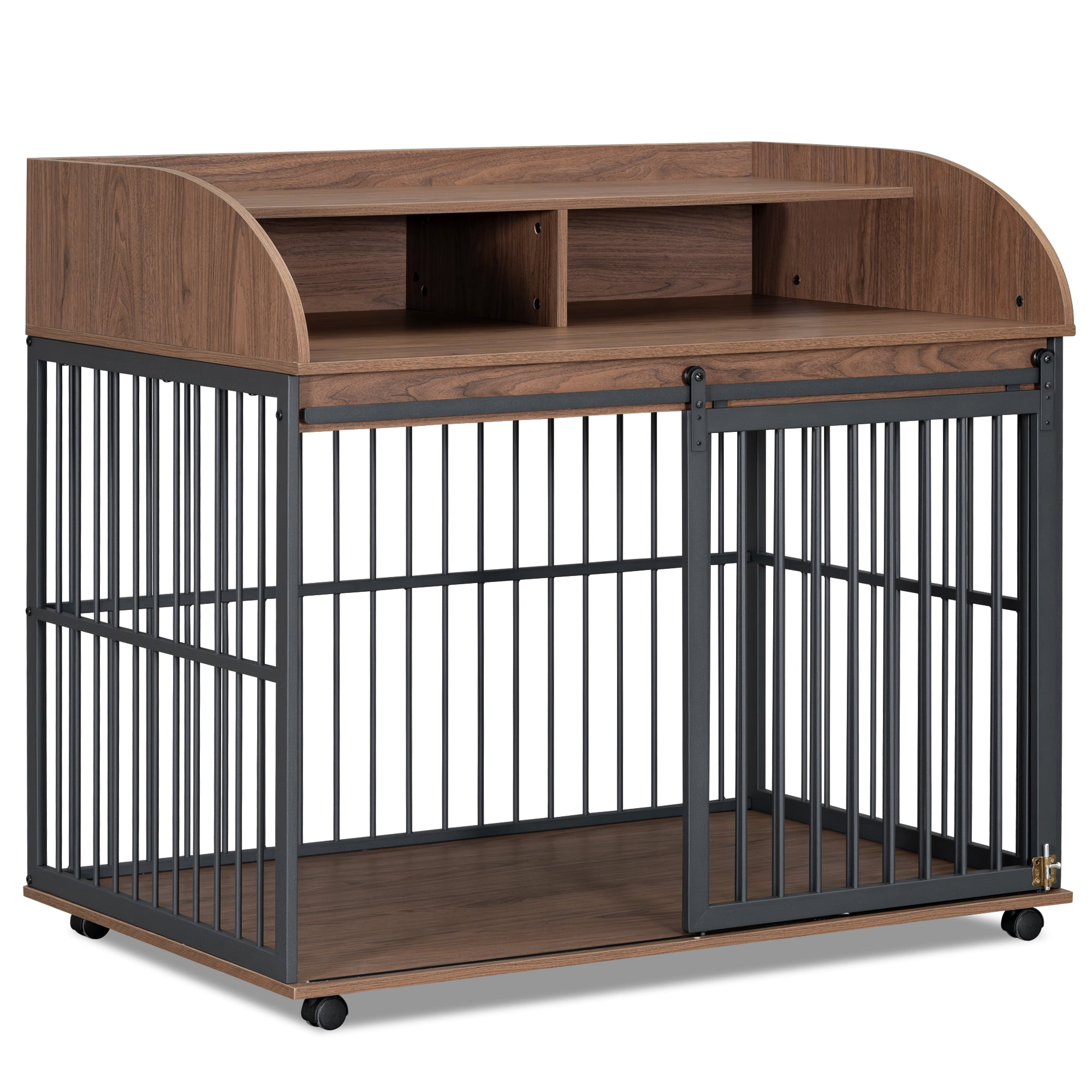 44'' Heavy Duty Large Dog Crate for Large Medium Dog with Lockable Wheels, Wooden Dog Crate Dog Kennel, End Table Crate with Double Layer Storage
