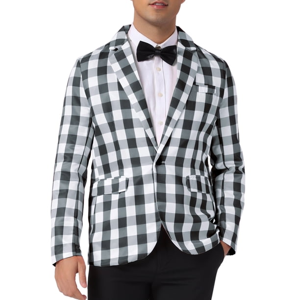 Inspire Chic Traje de Día del Padre para Hombre, Blazer de Cuadros Gingham de Un Solo Botón, Corte Regular, Solapa Notch, L Negro Blanco