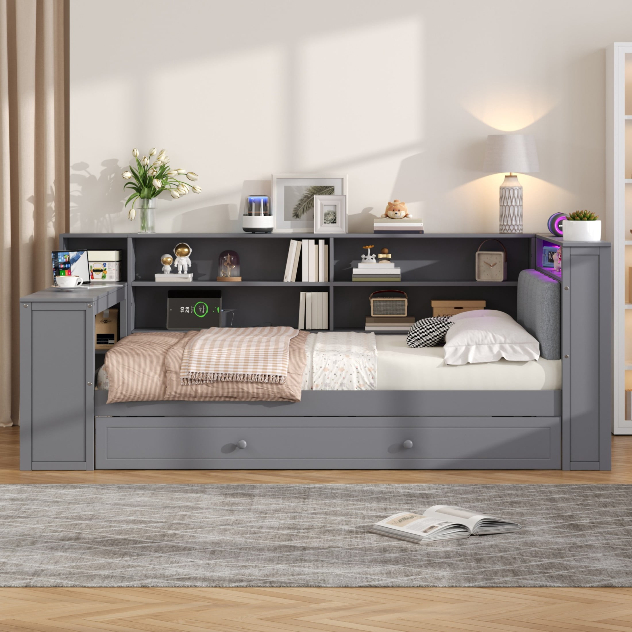 Noble House Twin Platform Bed with Upholstered Headboard, Extra Trundle, Storage Shelves and Charging Station, Grey