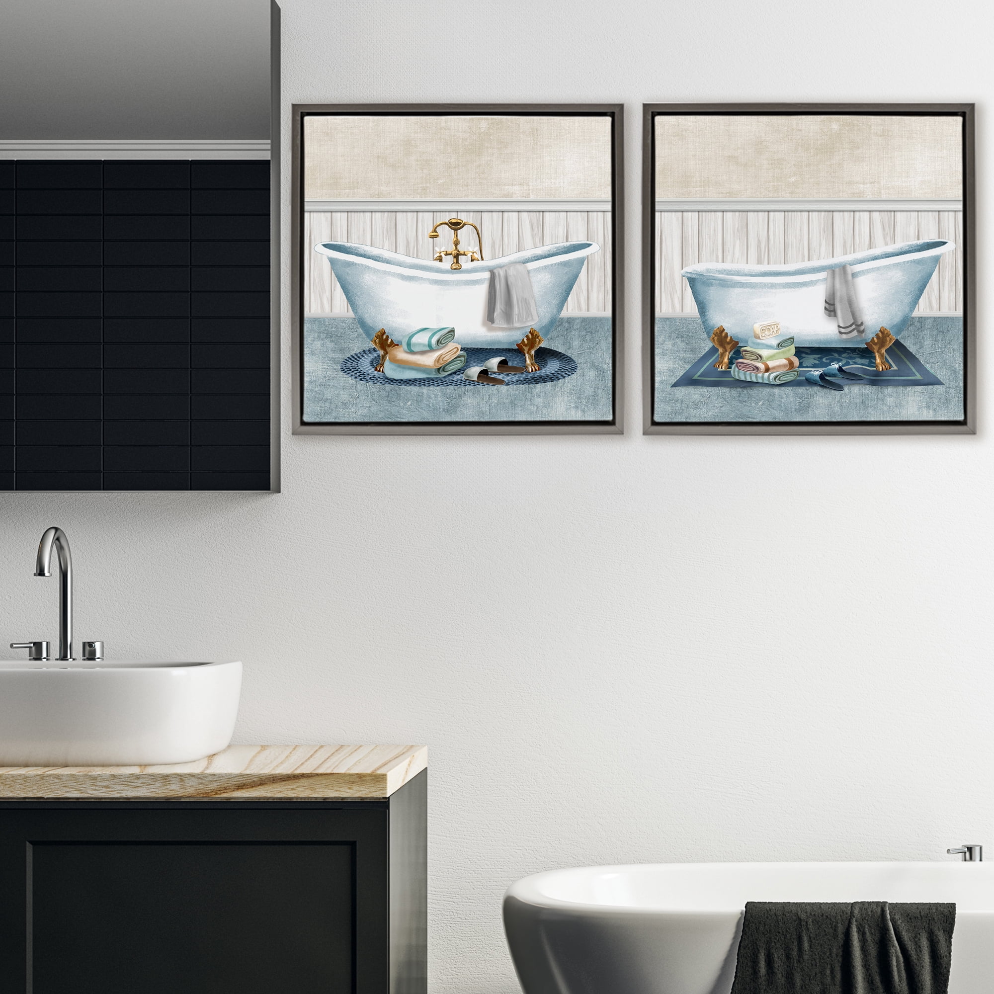 Stupell Industries Cozy Bathtub & Slippers 2 Piece Gray Framed Floater Canvas Set, design by Conrad Knutsen