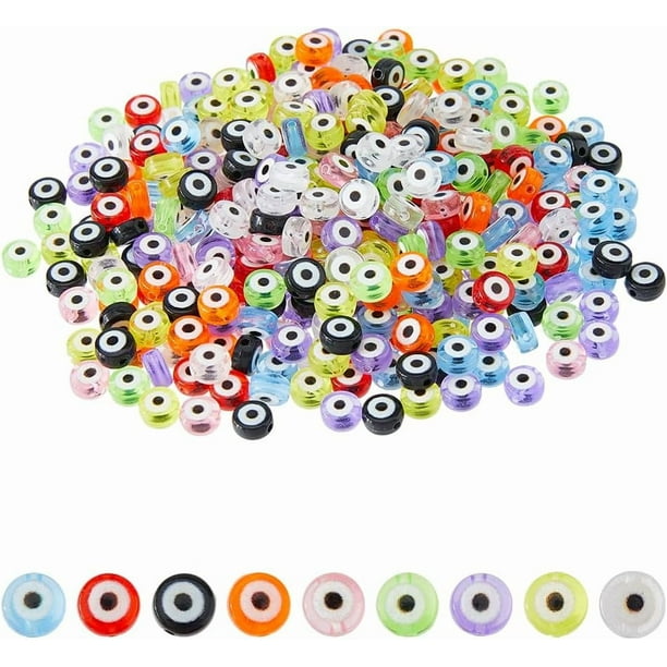 360 piezas de cuentas de acrílico redondas planas de 7x4 mm en 9 colores. Cuentas turcas pequeñas con forma de ojo de la suerte para hacer pulseras, collares y bisutería. Orificio: 1,2 mm.