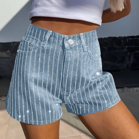 Xunlbb Jean Shorts for Women Workout Shorts Ladies' Solid Color Casual Pocket Button Rhinestone Washed Denim Shorts S-2XL on Clearance