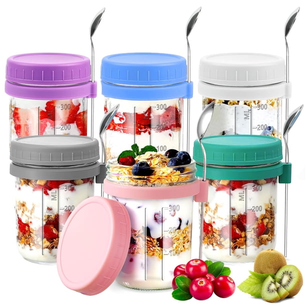 Ausein Recipientes de Avena de 350ML, 6 Pack Tarros de Vidrio con Tapa Hermética y Cuchara, Overnight Oats Jar Reutilizables para Yogurt, Café, Té, Azúcar,