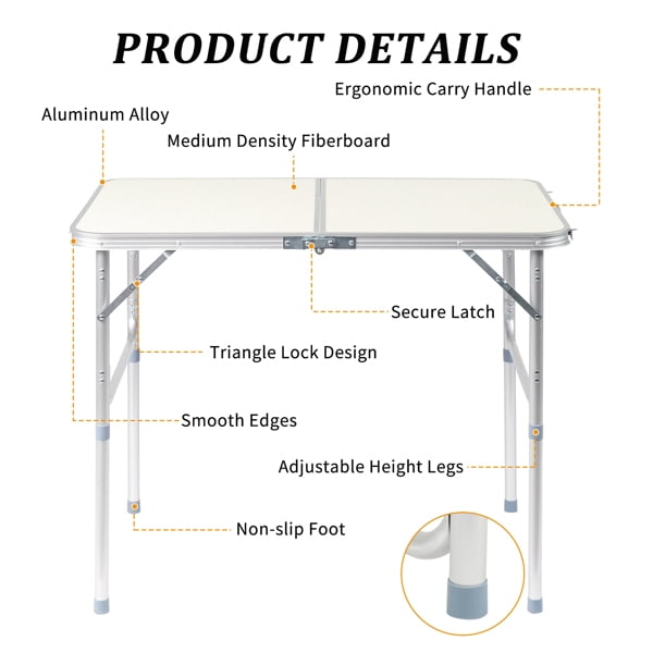 Alvantor Portable Aluminum Alloy Folding Camping Picnic Table, White, 3FT