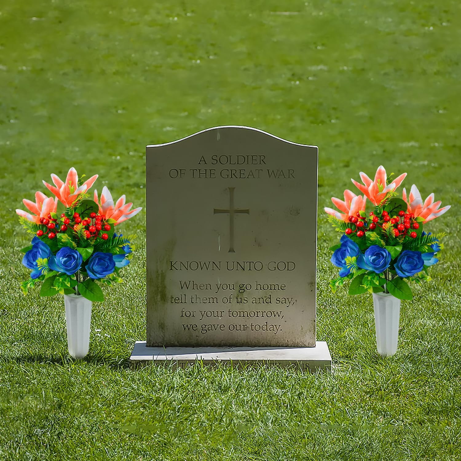 Artificial Cemetery Flowers for Grave, Set of 2 Artificial Memorial Flowers with Vase for Outdoor Cemetery Headstones Graveyard Gravestone Decoration (Red Lily&White Purple Peony)