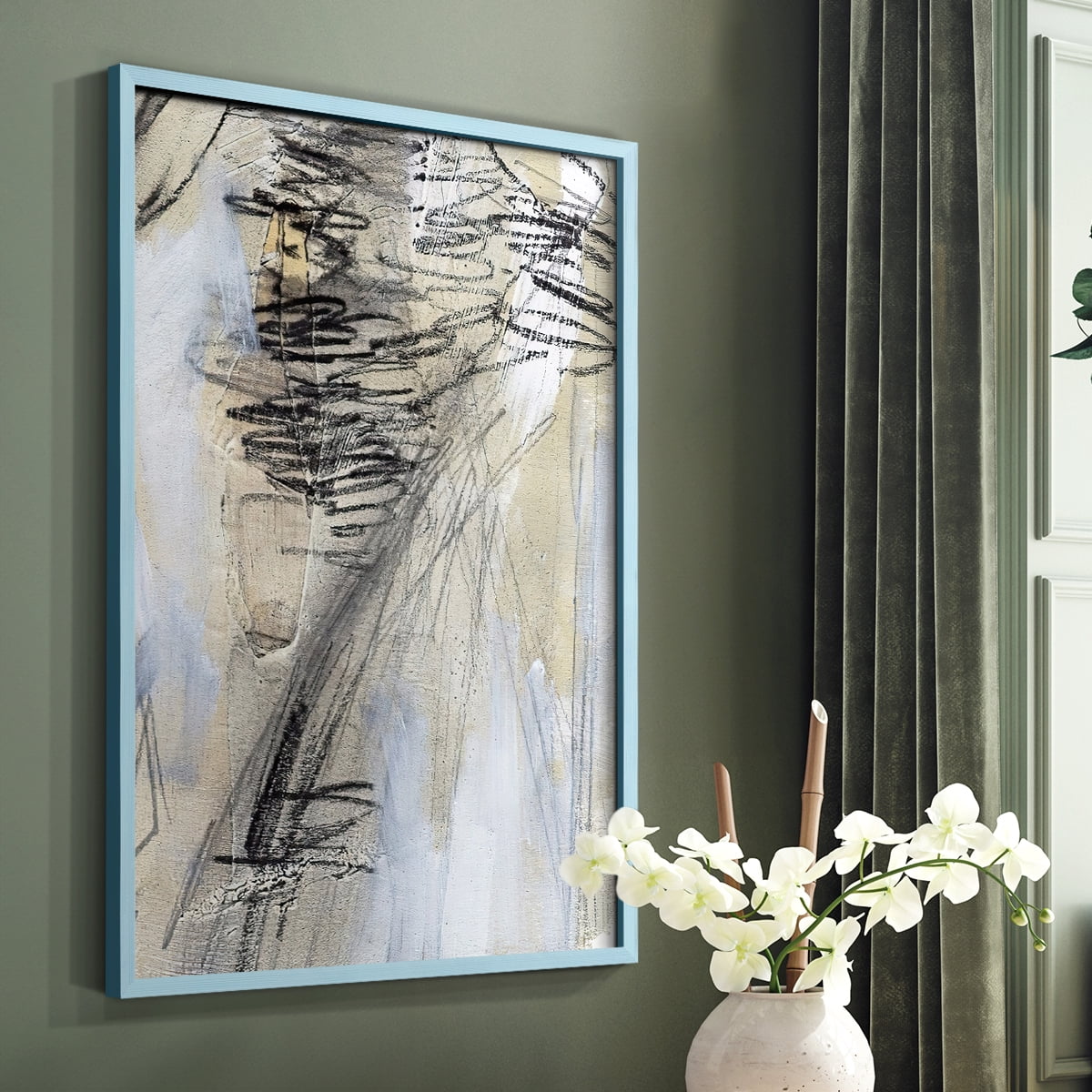 Masked Notes V Framed Print in Blue Solid Wood Framed Print No Nail Hanging