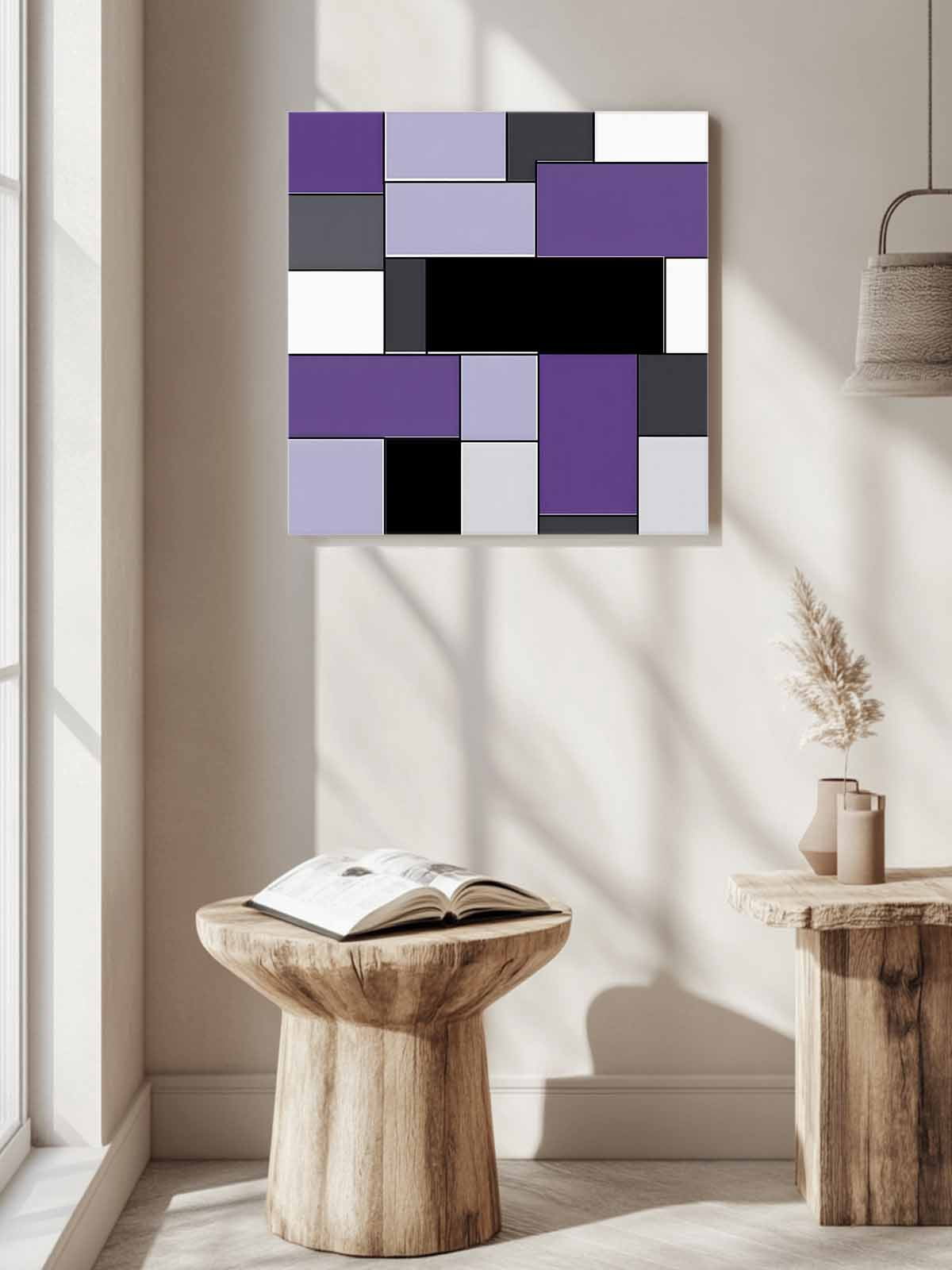 Purple Black Canvas Wall Art, Geometric Abstract Color Block Patchwork Framed Wall Decor Modern Artwork Prints Painting for Living Room, Bedroom, Kitchen & Cafe Decor 16x16 Inch