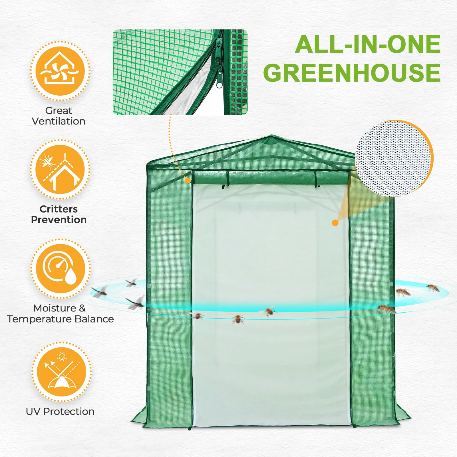EAGLE PEAK 8x6 Portable Walk-in Greenhouse Instant Pop-up Indoor Outdoor Plant Gardening Green House Canopy with Dual Roll-up Zipper PE Door & Upgraded Screen Mesh Door, Green