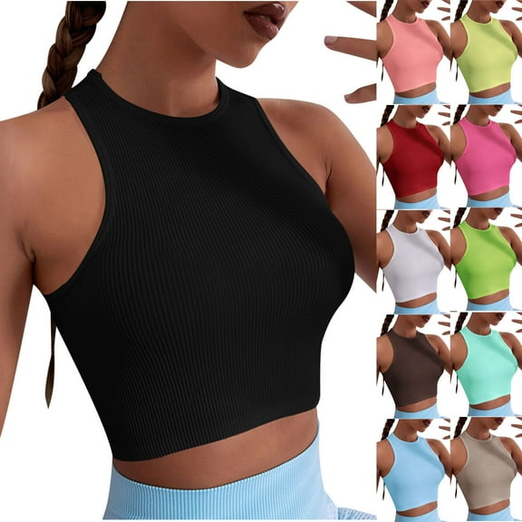 HAPIMO Women's Yoga Tank Tops Sports Crop Tops Summer Beach Tees Crew Neck Shirts for Teen Girls Workout Casual Stretch Undershirts Tops Sleeveless Fitness Army Green