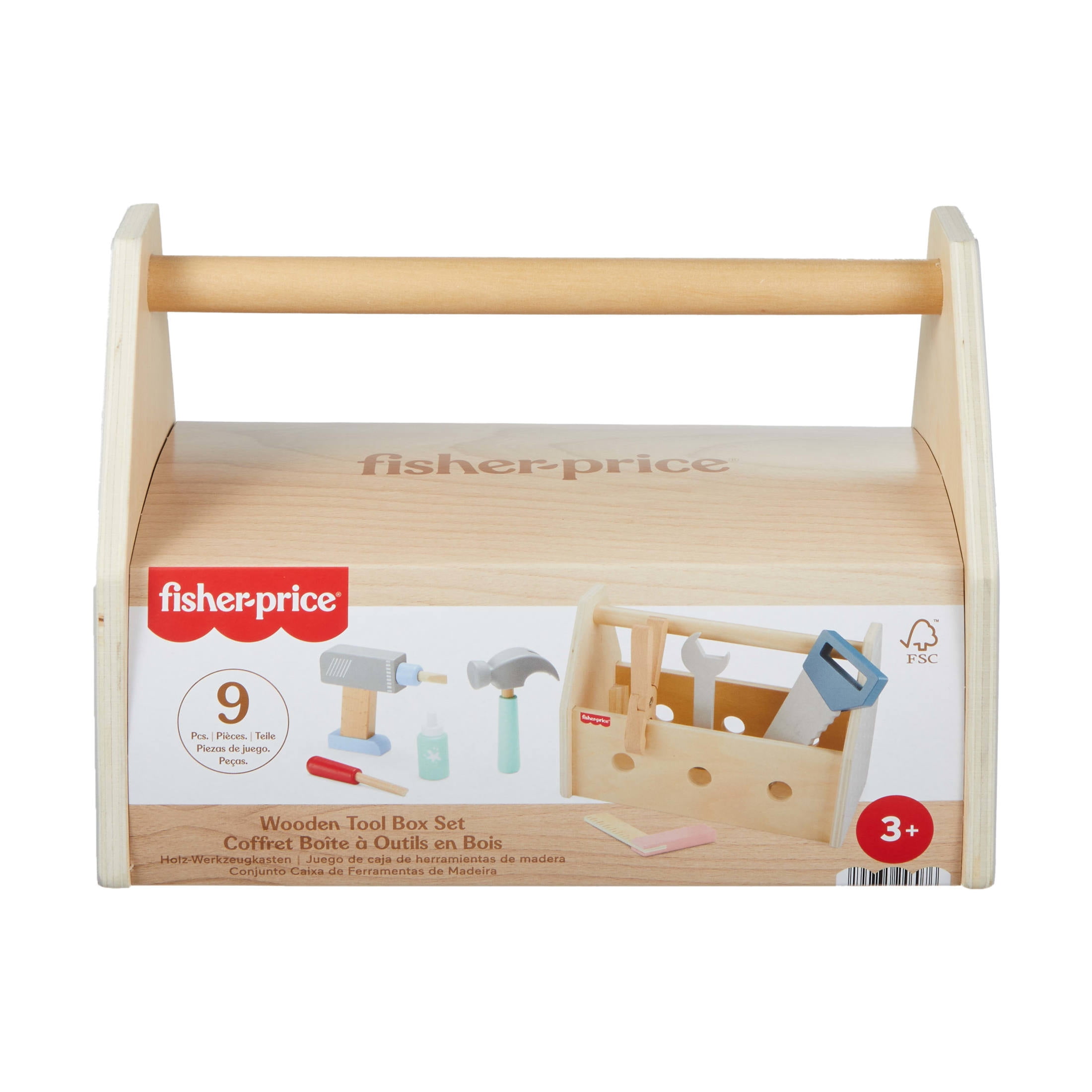 Fisher-Price Wooden Tool Box with Toy Drill, 9 Wood Pieces for Preschool  Pretend Play, Ages 3+ Years