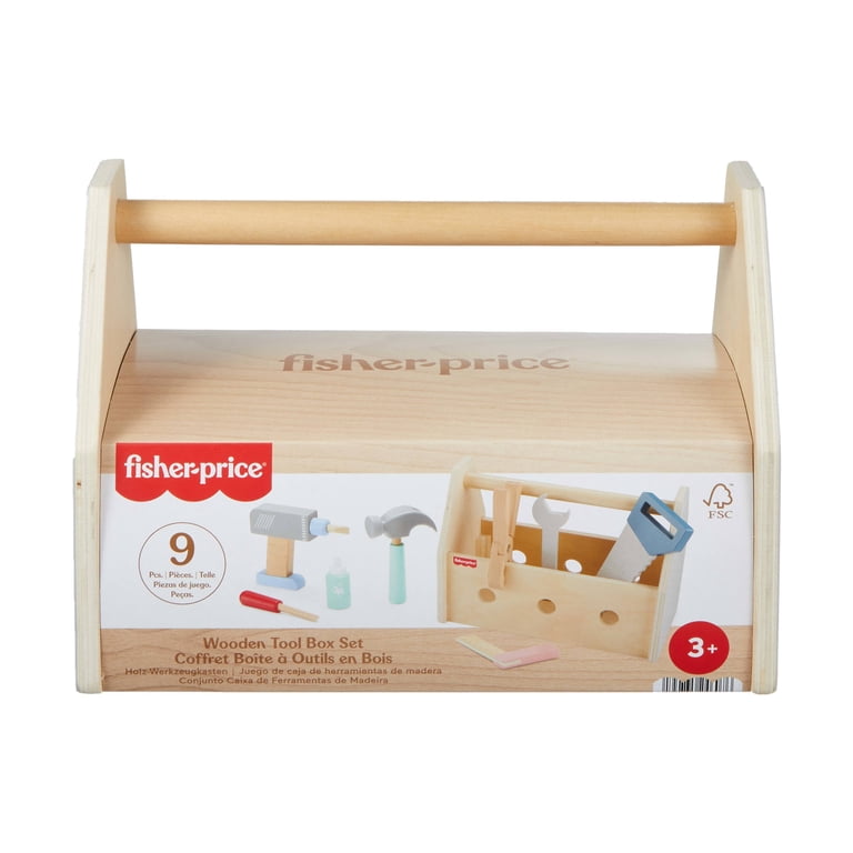 Fisher-Price Wooden Tool Box with Toy Drill, 9 Wood Pieces for