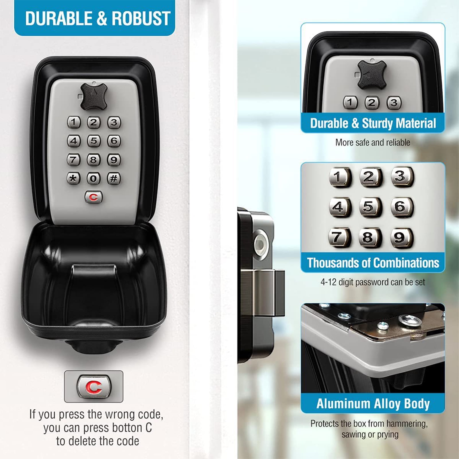 Yolispa Key Lock Box, Key Box 12-Digit Combination Push Button Key Safe Box for Wall Outside Door , Waterproof Resettable Large Capacity Security Lockbox for Home Garage Hotels