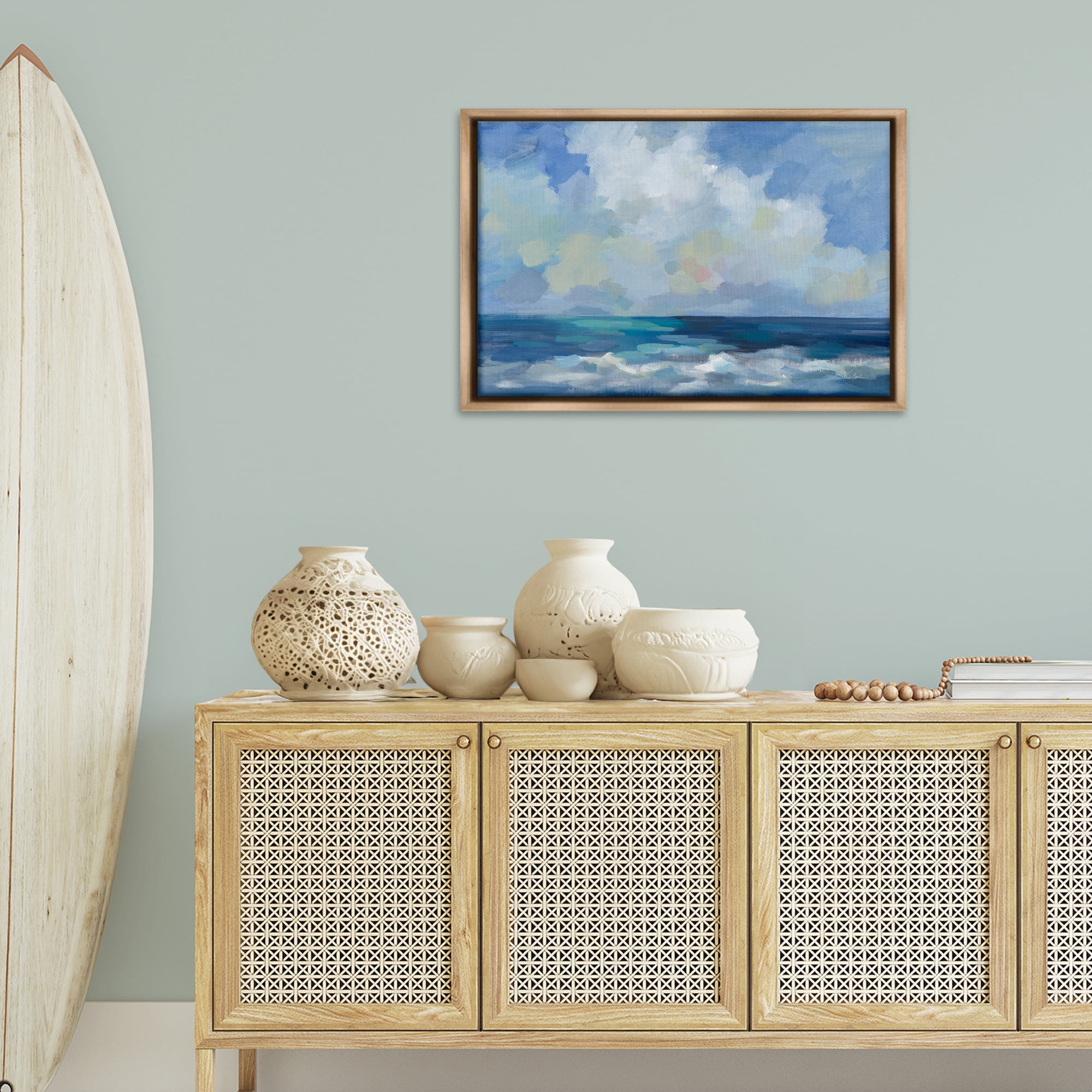 Stupell Industries Nautical Waves & Clouds Nautical & Beach Painting Brown Floater Framed Canvas Art Print Wall Art, 31 x 21
