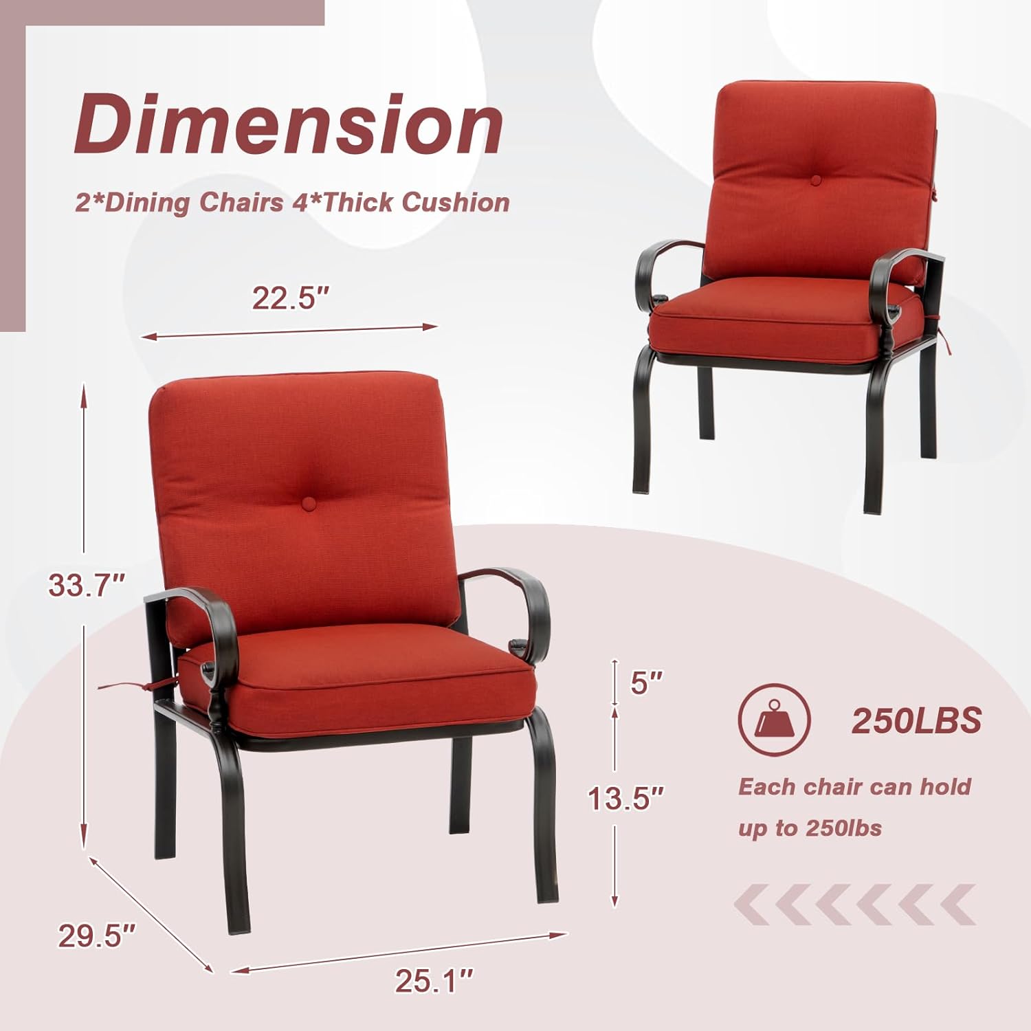 SOLAURA Patio Outdoor Metal Dining Chairs Set of 2 with Red Cushions