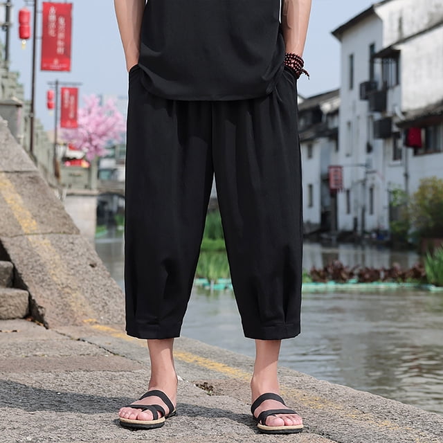 LOVZFMLL Men's Pants Men's Casual Pants Solid Color Cropped Pants And Linen Men's Cropped Pants