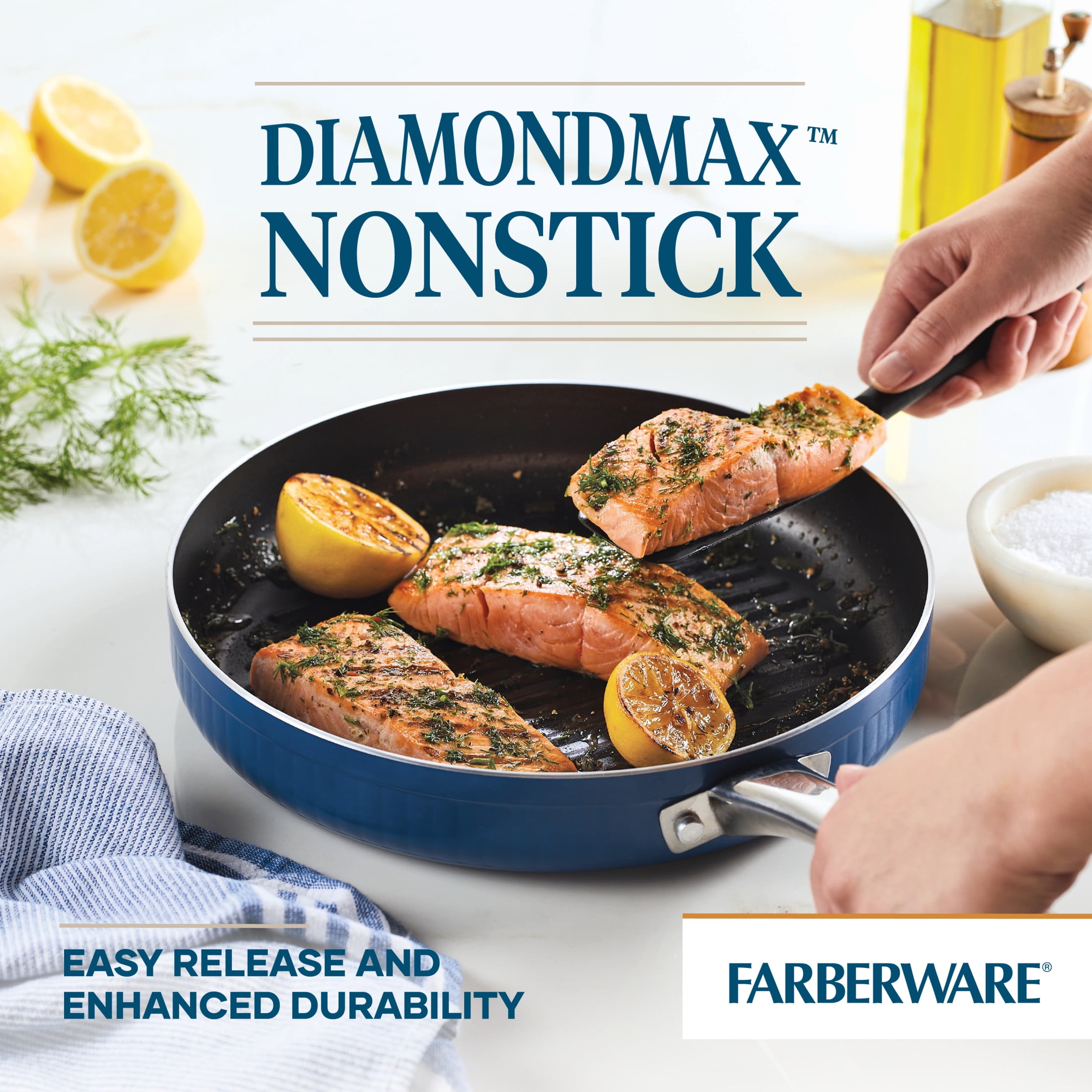 Farberware Style 11.25 Inch Nonstick Deep Round Grill Pan, Dishwasher Safe and Oven Safe to 500°F, Blue