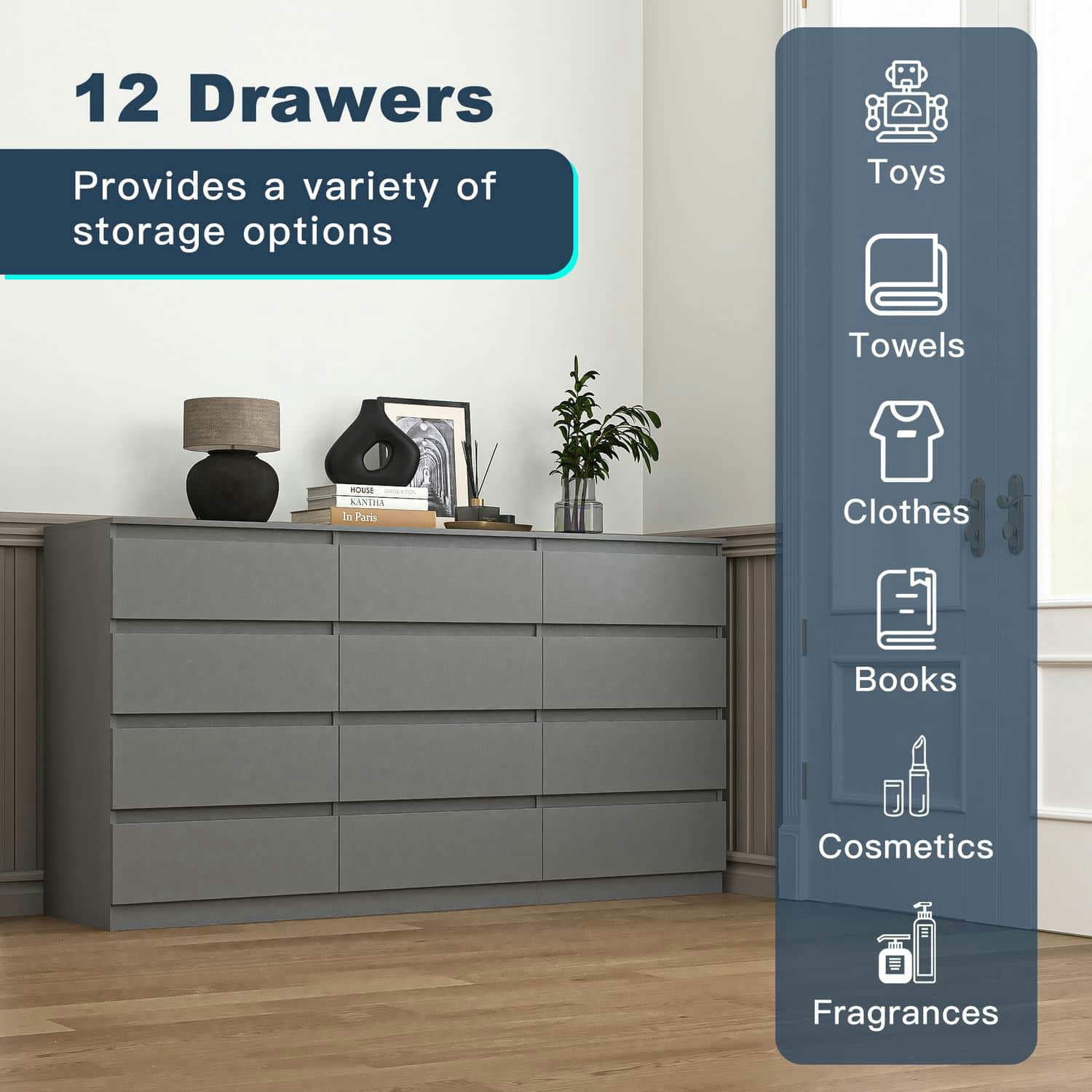 Spaco 12 Chest of Drawers, Multipurpose Minimalist Style 8 Drawer Dresser, Wooden Dressers for Bedroom, Living Room, Hallway, Gray