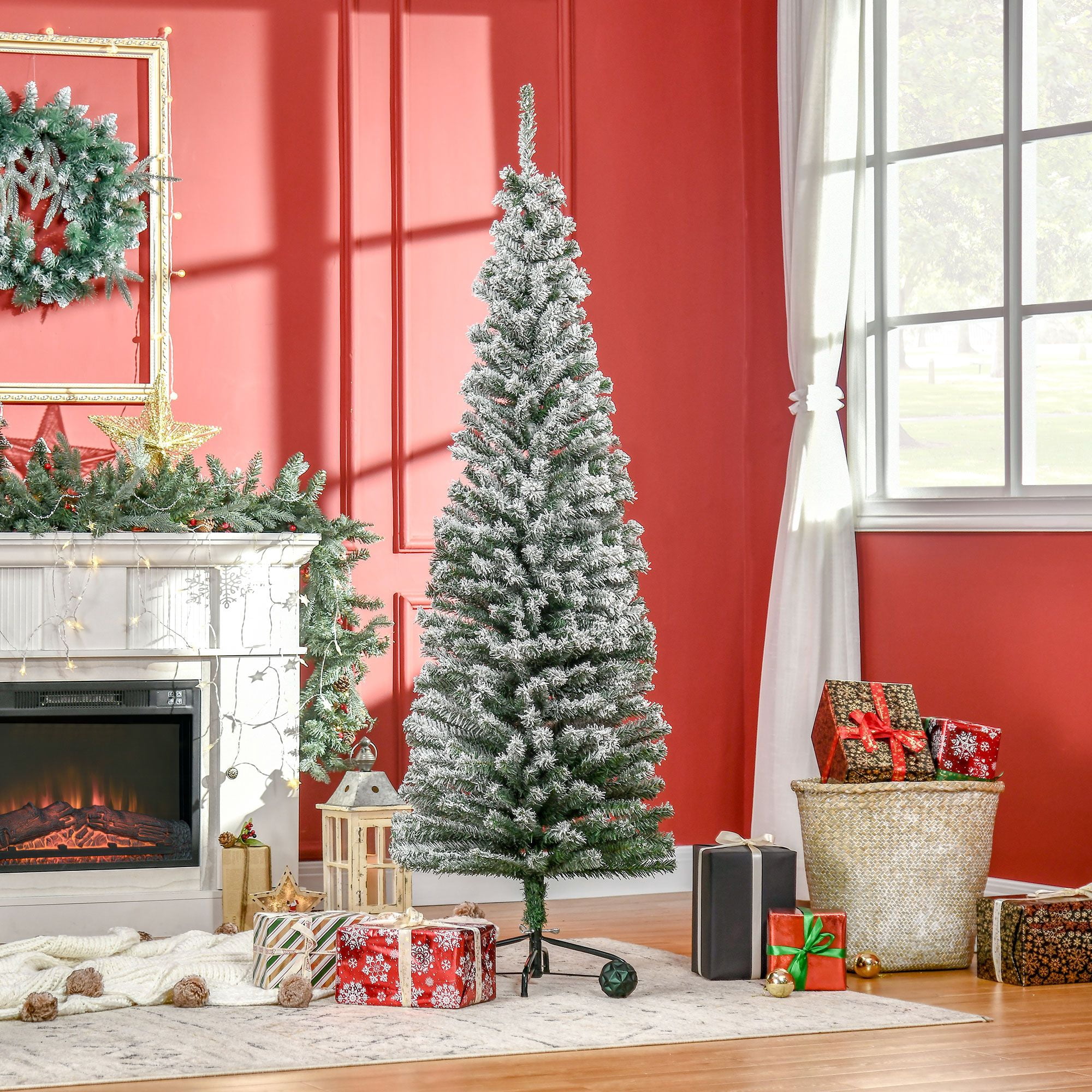 6ft Artificial Snow Flocked Christmas Tree with Foldable Steel Stand Home Indoor Decoration Green