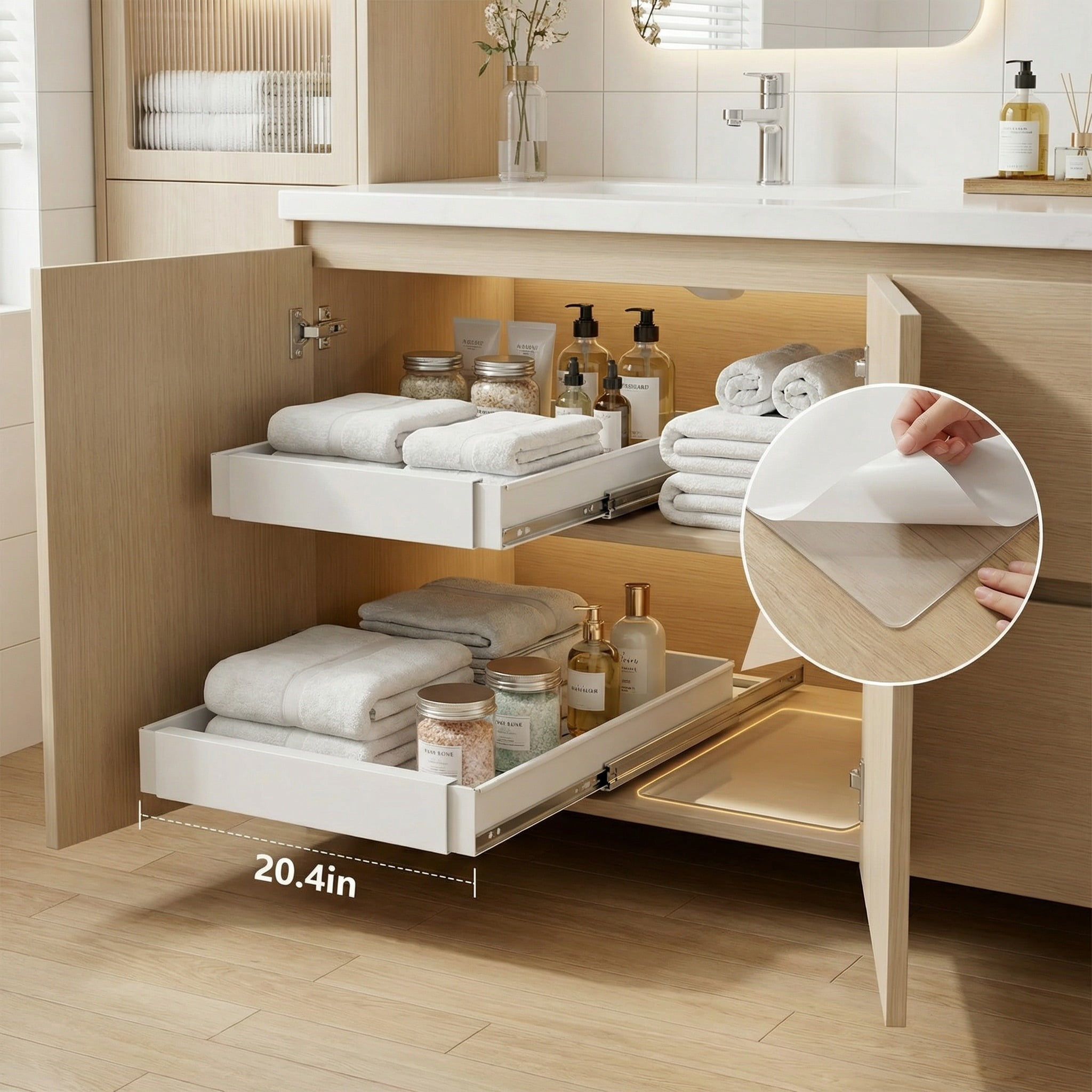 Gimgong Expandable Pull Out Cabinet Organizer with 3 Slide Rails, Sliding Drawers for Cabinet, White, 21"D x 12"-20"W