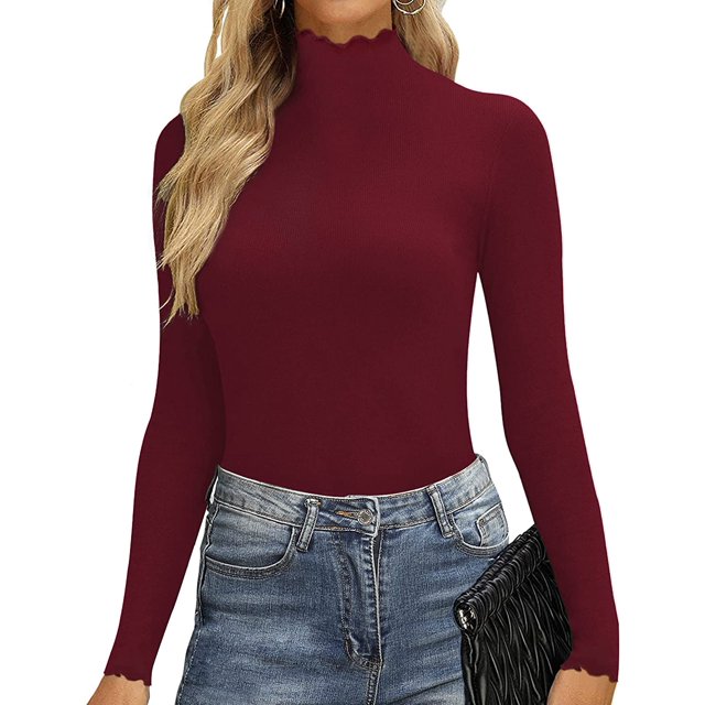 Xishao Body de manga larga para mujer, cuello alto falso, ribete de lechuga, camiseta con volantes, color burdeos Xishao ropa