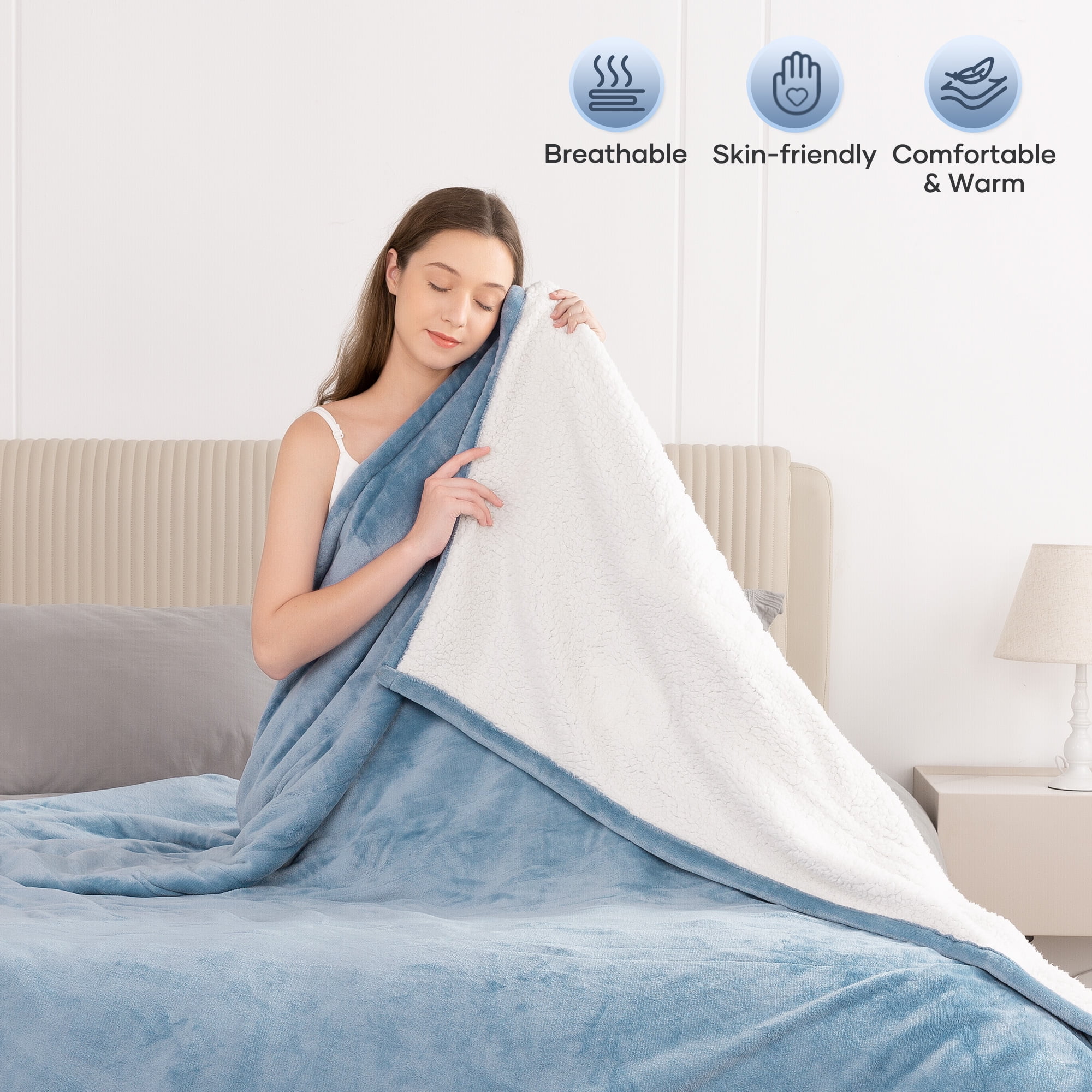 MARNUR Heated Blanket Twin Size 62"x 84", Flannel & Sherpa Electric Blanket with 10 Hours Timer, 6 Heat Settings, Machine Washable, Blue