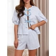 thumbnail image 6 of ZAXARRA Women 2 Piece Lounge Sets Puff Sleeve Tie Front Peplum Shirts Tops and Shorts Sets Summer Cute Pajamas Sets, 6 of 9