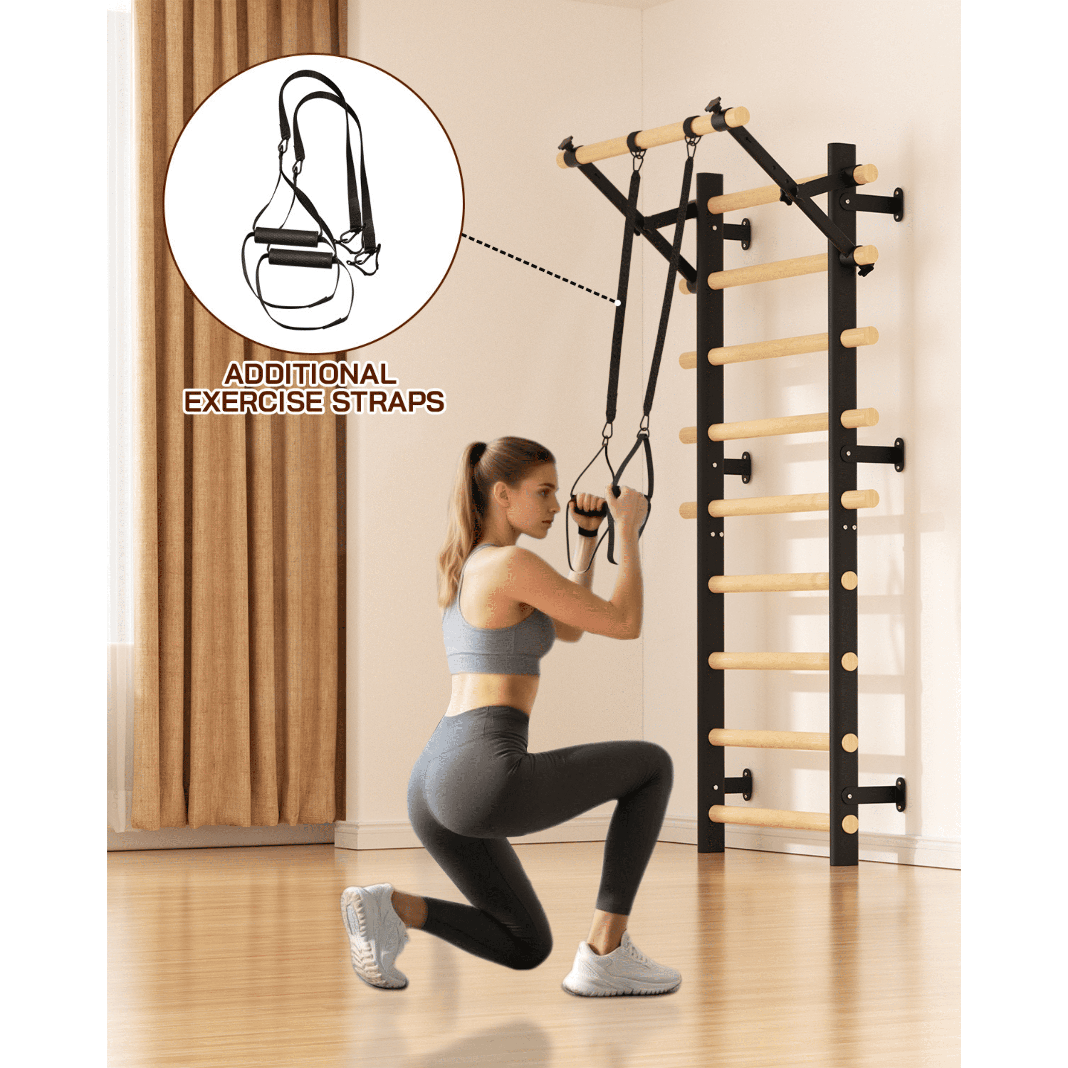 Cofiyard Swedish Ladder Wall Gym, Wooden Wall-Mounted Stall Bars with Pull-up Bar & Exercise Straps, Stretching Ladder Full Body Home Gym for Adults