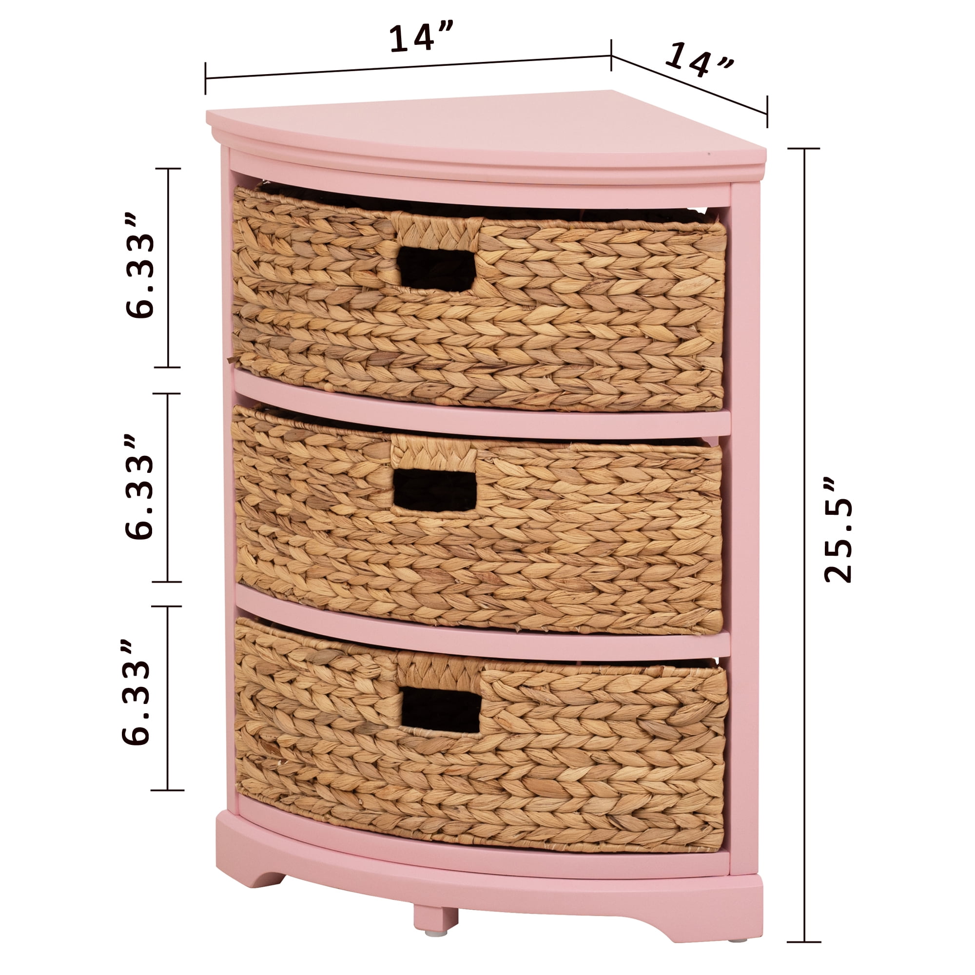 Hampton Meadows 3 Tier X-Side Corner Table Storage Cabinet with 3 Natural Water Hyacinth Wicker Baskets for Living Room, Pink