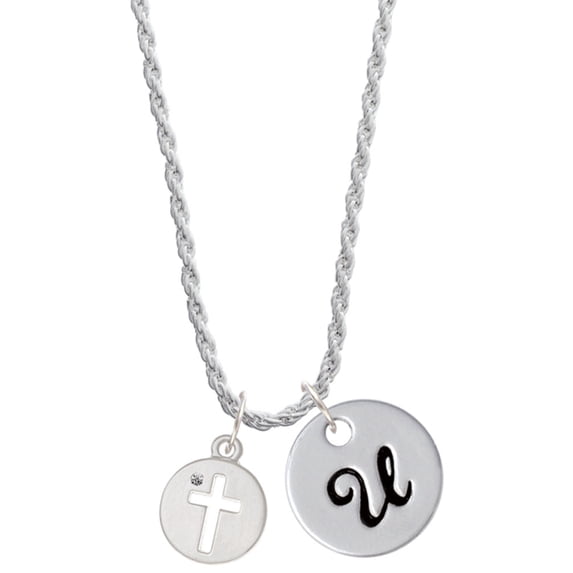Delight Jewelry Silvertone Cross Silhouette Silvertone Script Initial Disc - U - Charm Necklace, 20"+3"