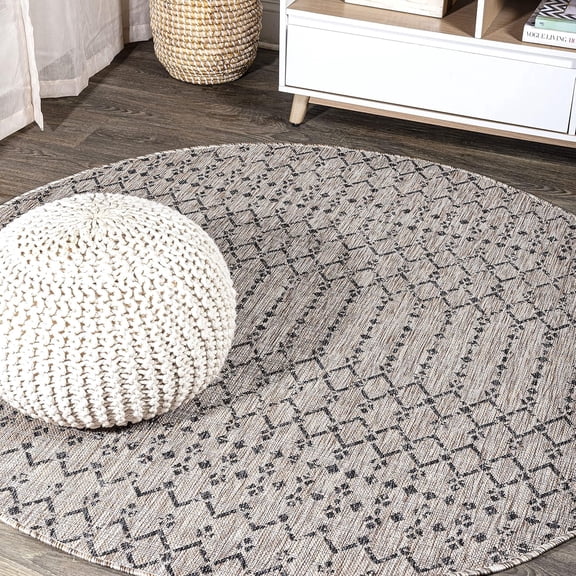 Moroccan Geometric Indoor Outdoor Round Area Rug 9 Ft Light Gray/Black, Ourika Textured Weave for Backyard, Patio, Porch, Easy-Cleaning, High Traffic Pet-Friendly, Non-Shedding