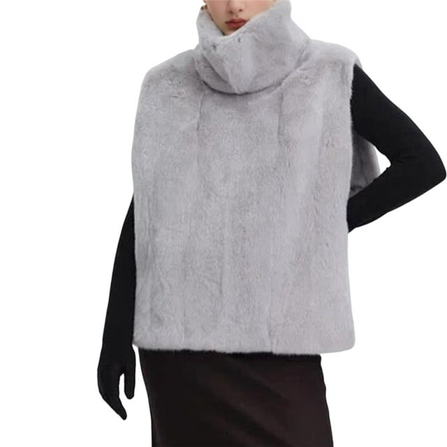 Chaleco de Piel Sintética para Mujer, Sin Mangas, Chaqueta de Forro de Invierno, Chaleco de Cuello Alto Gris M