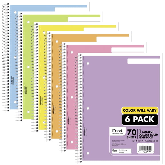 Mead Spiral Notebook 1 Subject College Ruled 70 Sheets 8 x 10 12 6 Pack Pastels