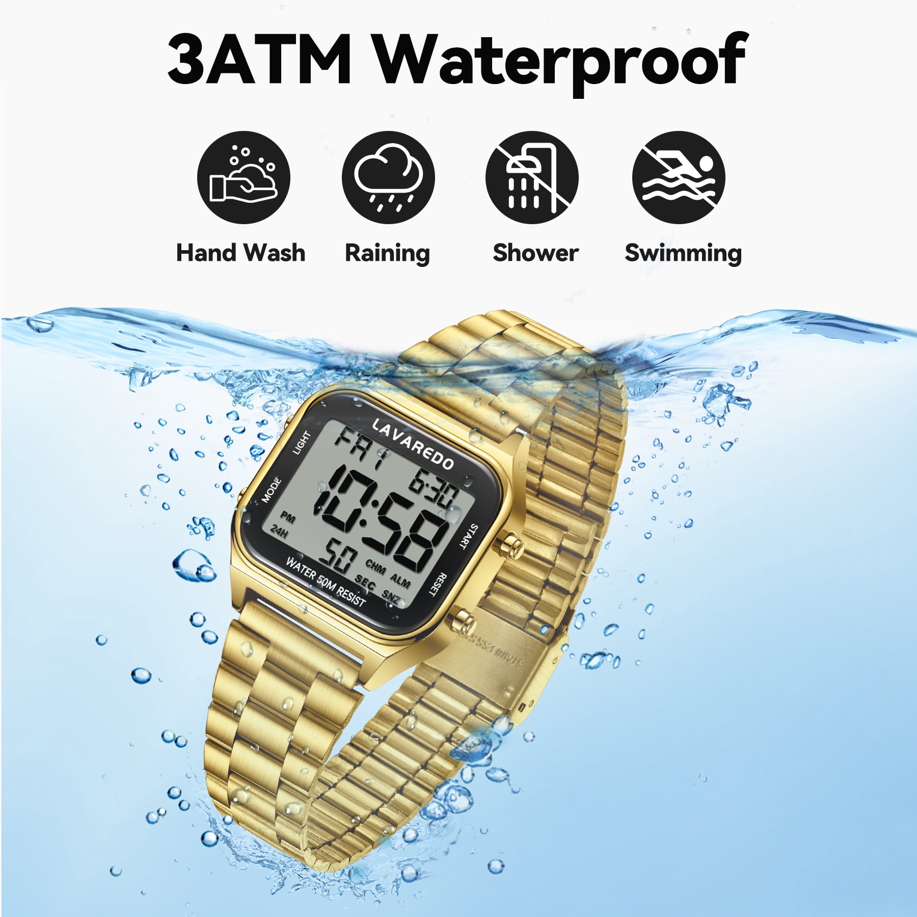 Men's Digital Sport Watch - LED Display, Stainless Steel Strap, Date, Alarm, Stopwatch,Water-Resistant Man Watch Ideal Gift for Men