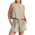 thumbnail image 2 of Womens Summer 2 Piece Outfit Solid Casual Cotton Linen Suits Loose Crew Neck Sleeveless Tops Drawstring Elastic Waist Shorts Pockets(S,Khaki), 2 of 6